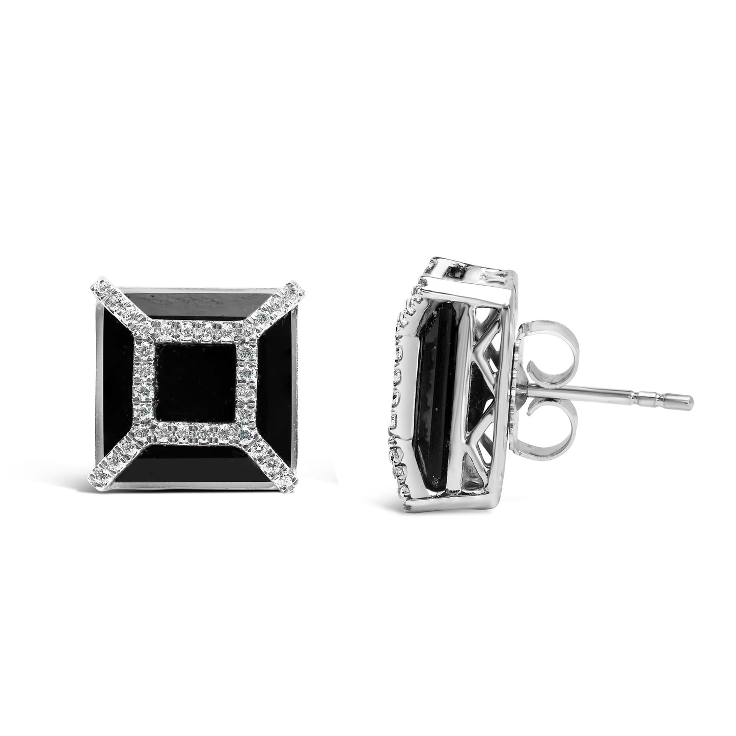 14K White Gold 3/8ct Diamond with 11x11MM Black Onyx Stud Earrings (G-H Color, SI1-SI2 Clarity)-2