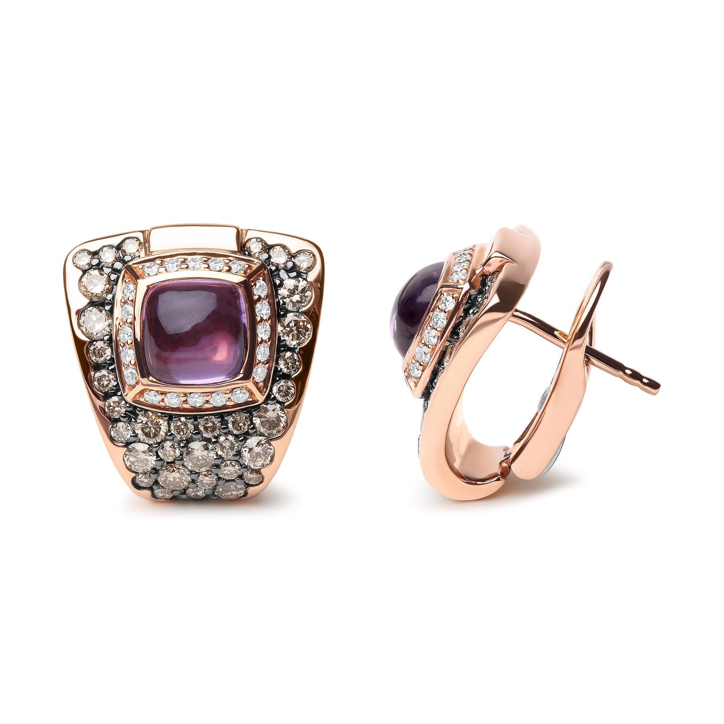 18K Rose Gold 1 1/2 Cttw Round Diamond and 7mm Cushion Cut Purple Amethyst Gemstone Geometrical Statement Stud Earrings (Brown and G-H Color, SI1-SI2 Clarity)-2