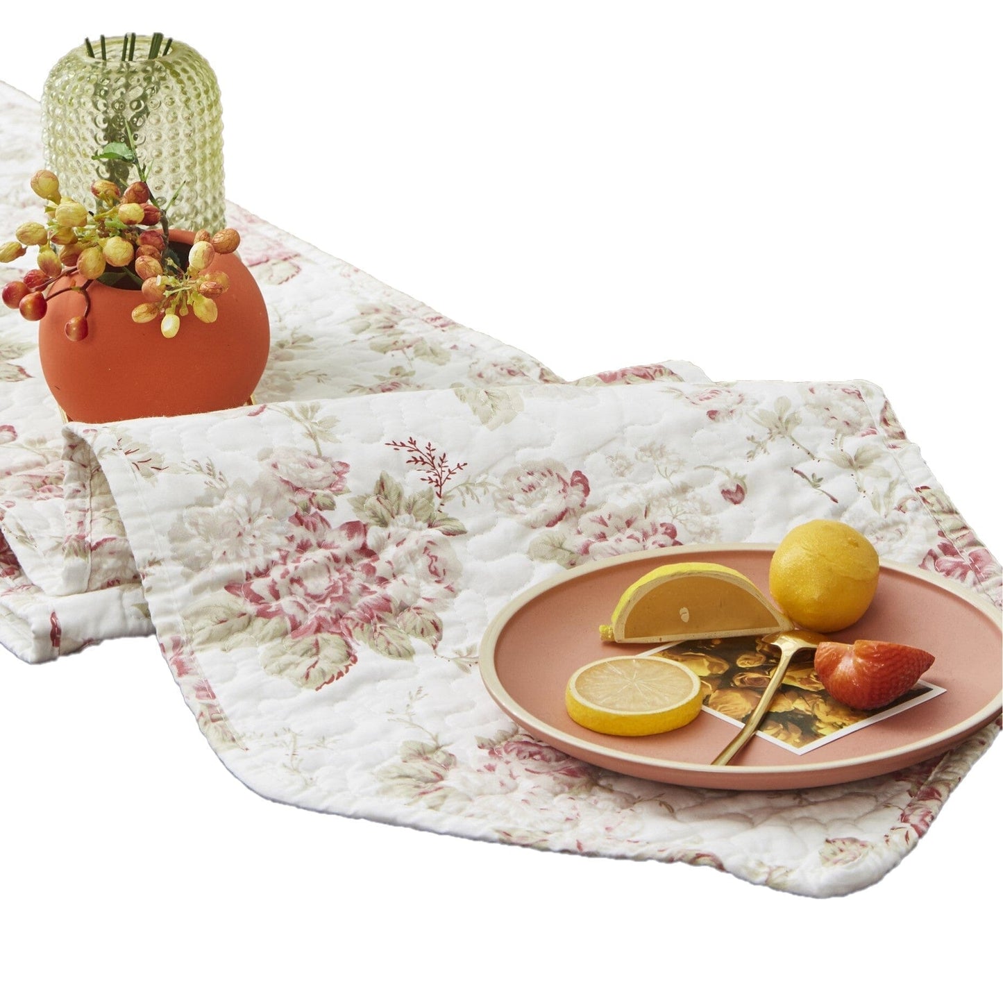 DaDa Bedding Hint of Mint Cottage Floral Roses Quilted Cotton Dining Table Runner (3036)-4