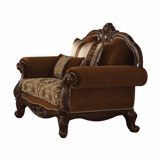 37" Brown Velvet Floral Club Chair And Toss Pillows-0
