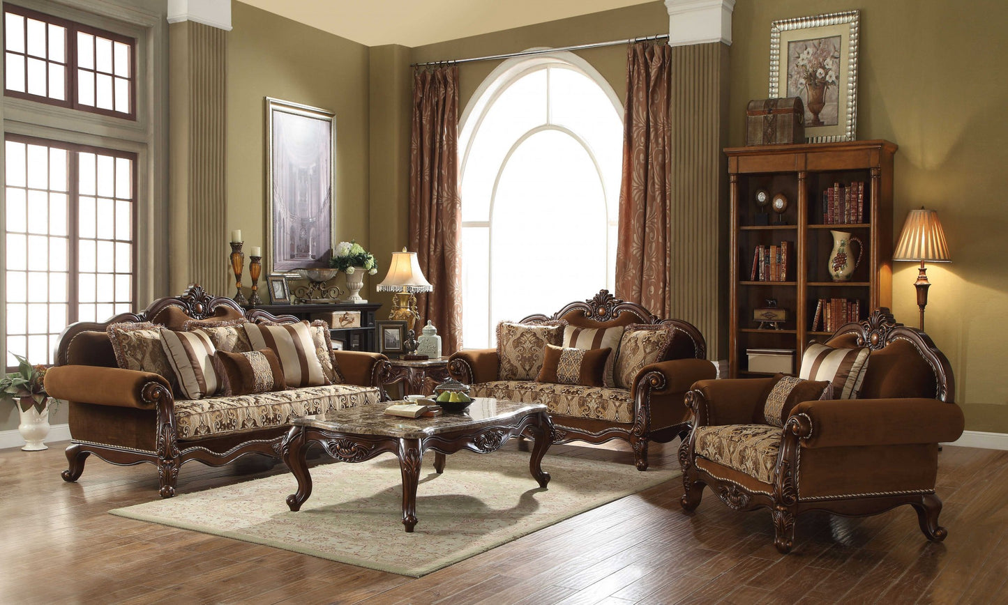 37" Brown Velvet Floral Club Chair And Toss Pillows-3