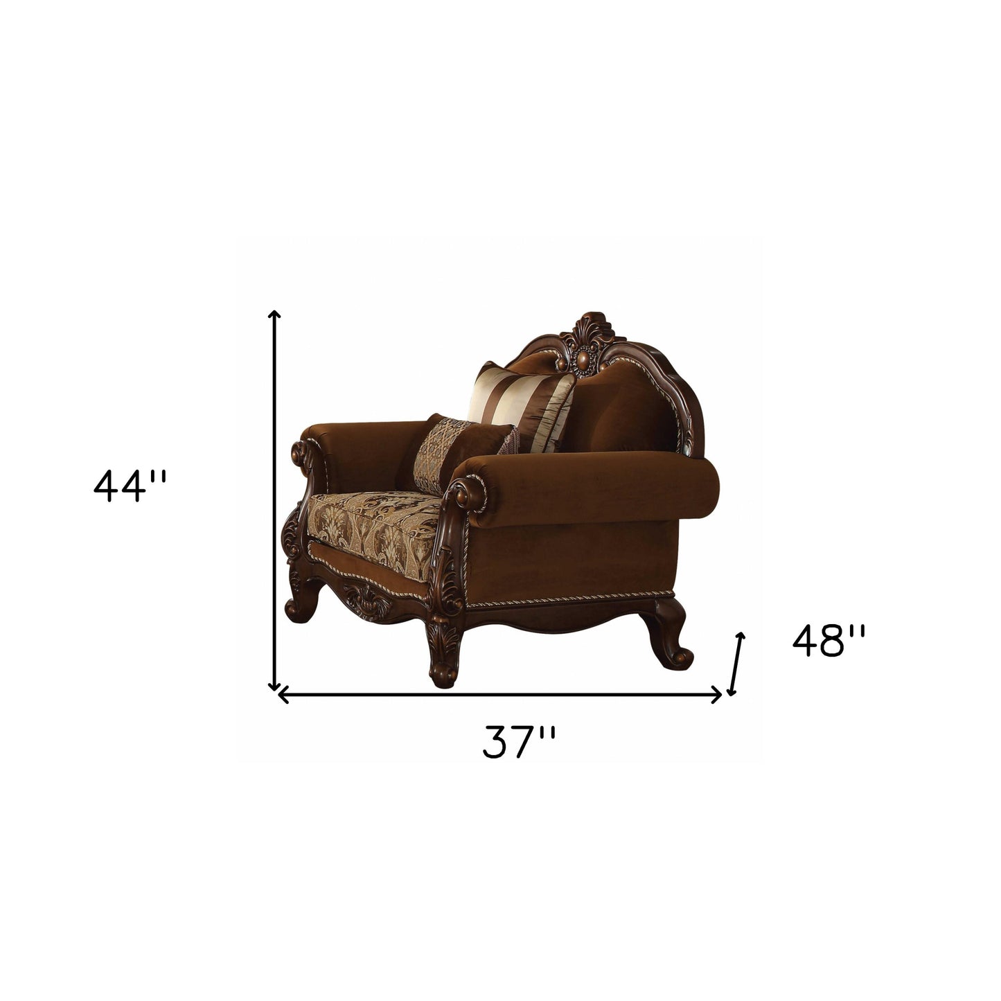 37" Brown Velvet Floral Club Chair And Toss Pillows-4