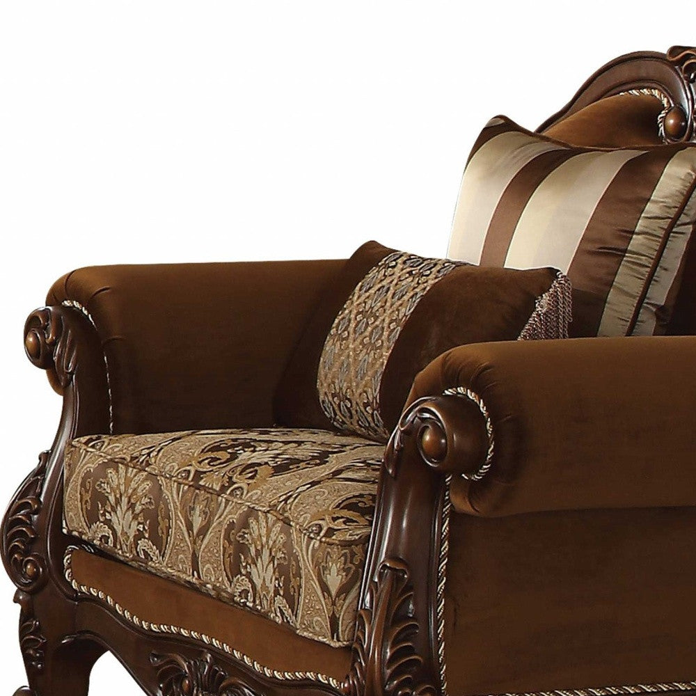 37" Brown Velvet Floral Club Chair And Toss Pillows-2
