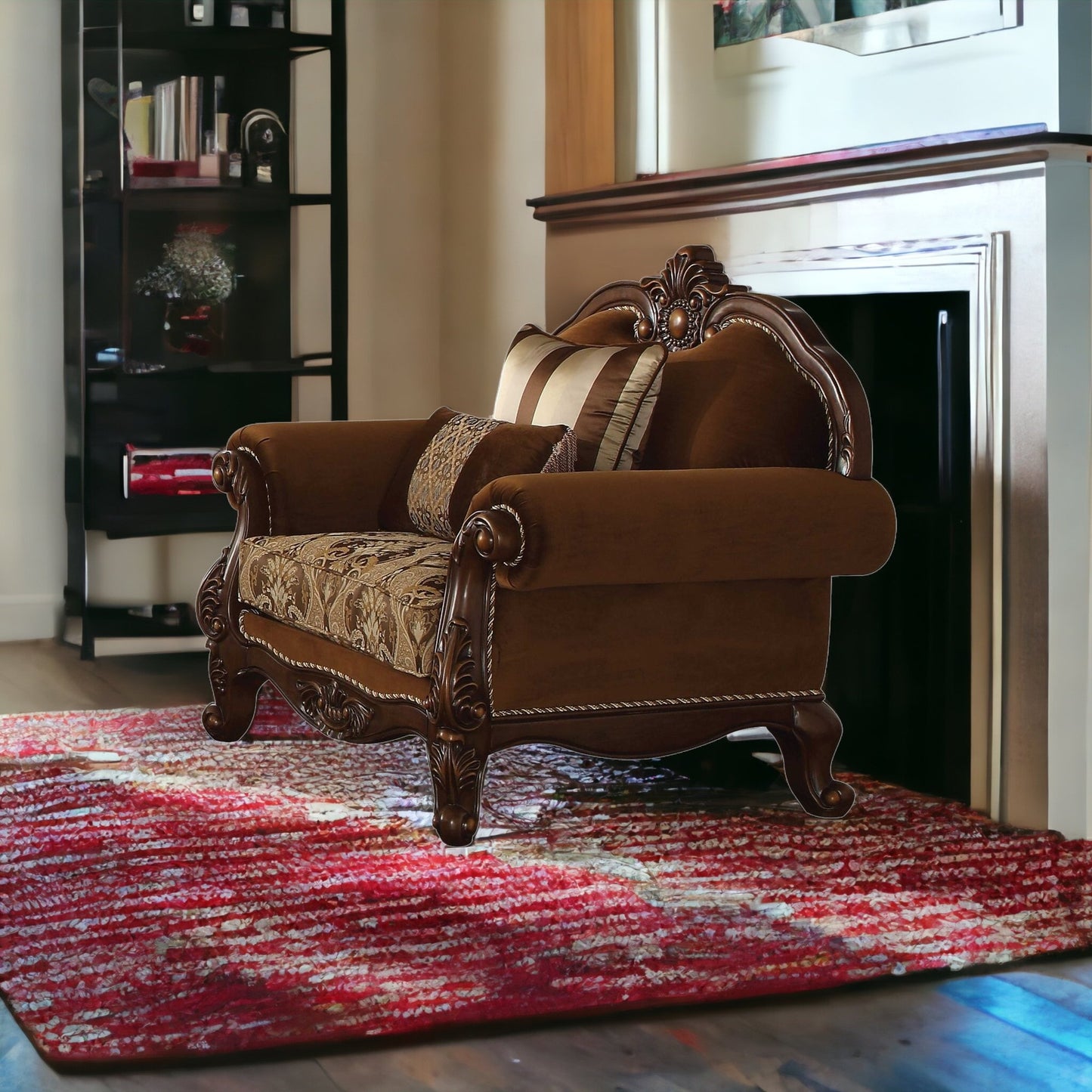 37" Brown Velvet Floral Club Chair And Toss Pillows-1