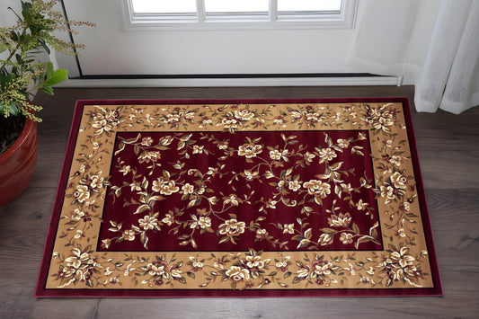 2' X 3' Red And Beige Floral Vines Area Rug-0