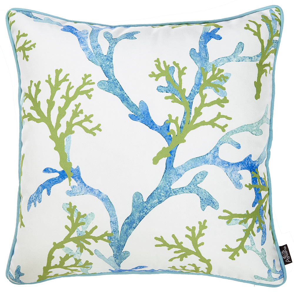 18" Blue Green And White Coral Throw Pillow Cover-1