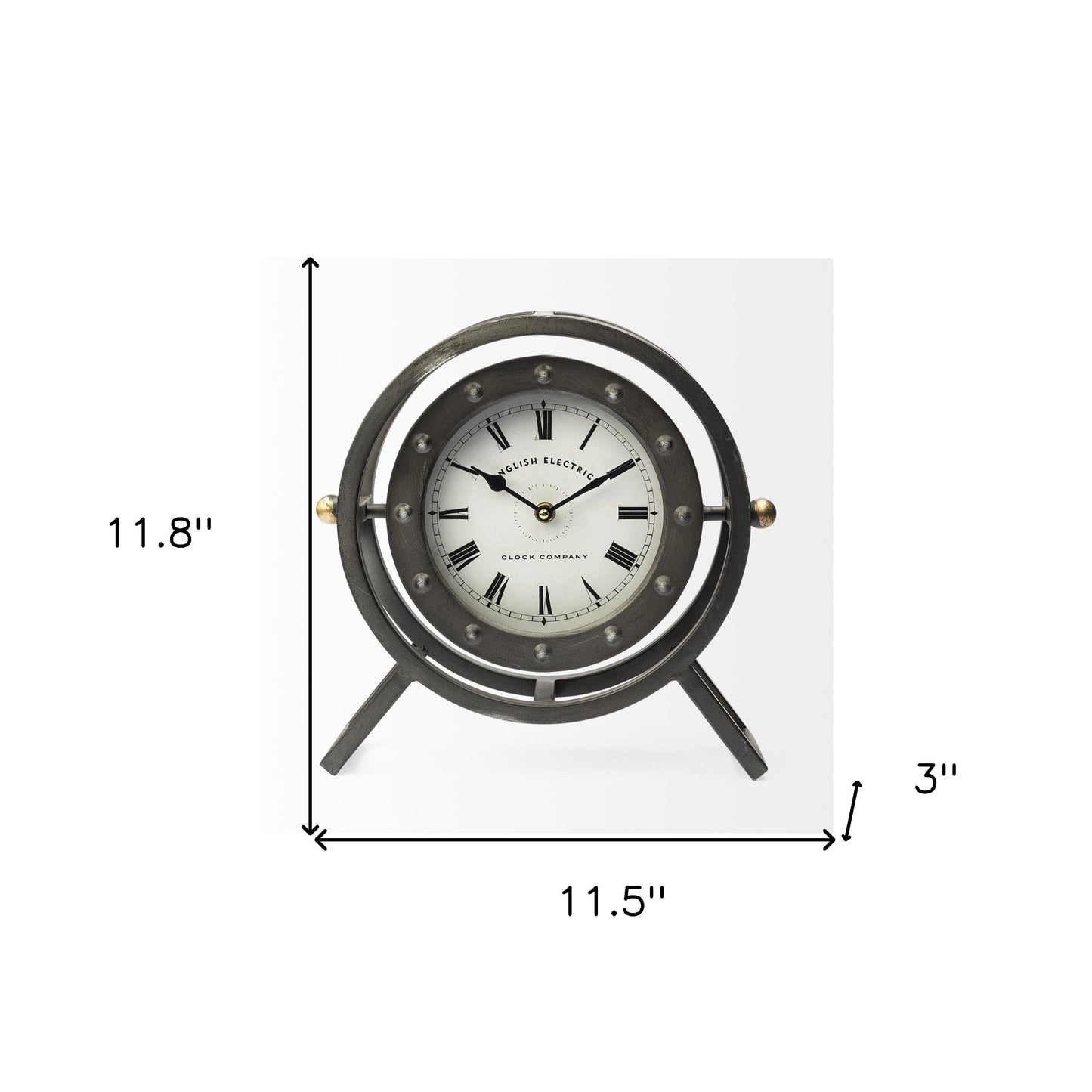 Gray Metal Circular Desk Table Clock With Rivet Detail Frame-3