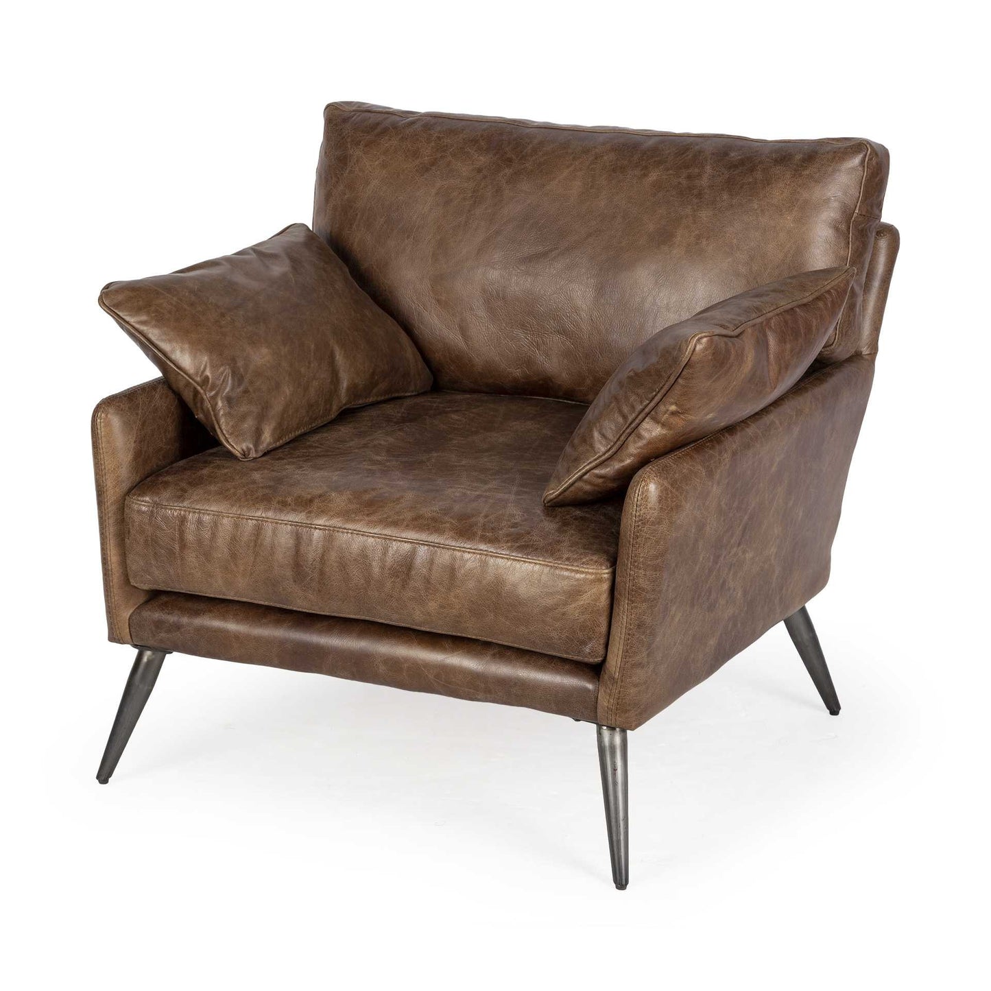 33" Brown Genuine Leather and Solid Wood Distressed Arm Chair-2