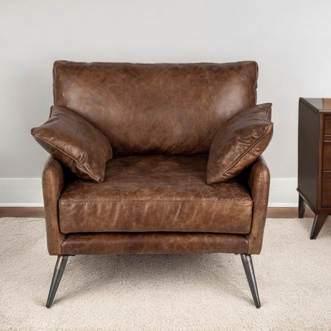 33" Brown Genuine Leather and Solid Wood Distressed Arm Chair-1
