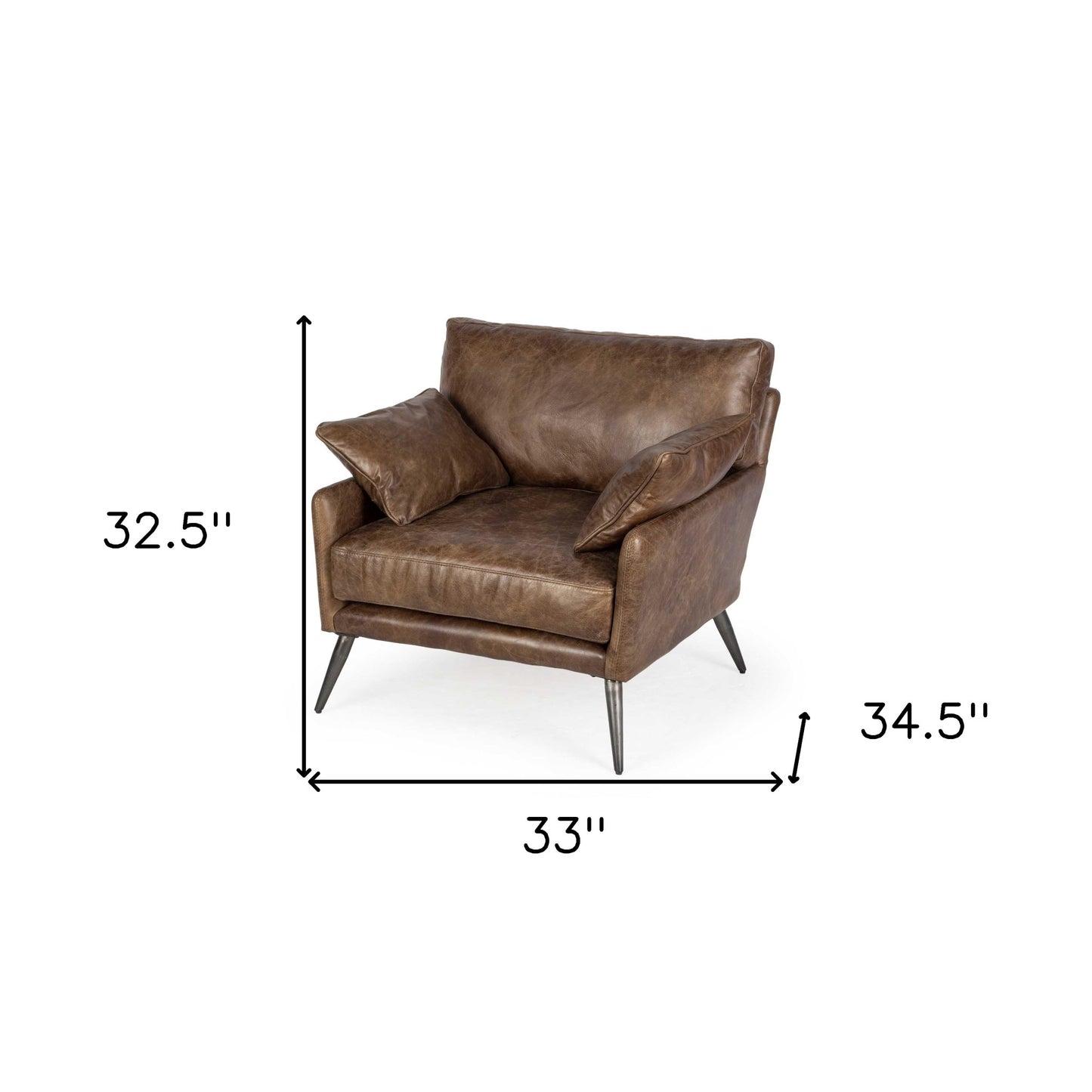 33" Brown Genuine Leather and Solid Wood Distressed Arm Chair-5