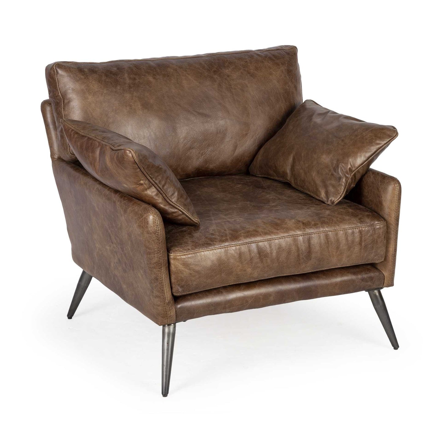 33" Brown Genuine Leather and Solid Wood Distressed Arm Chair-4