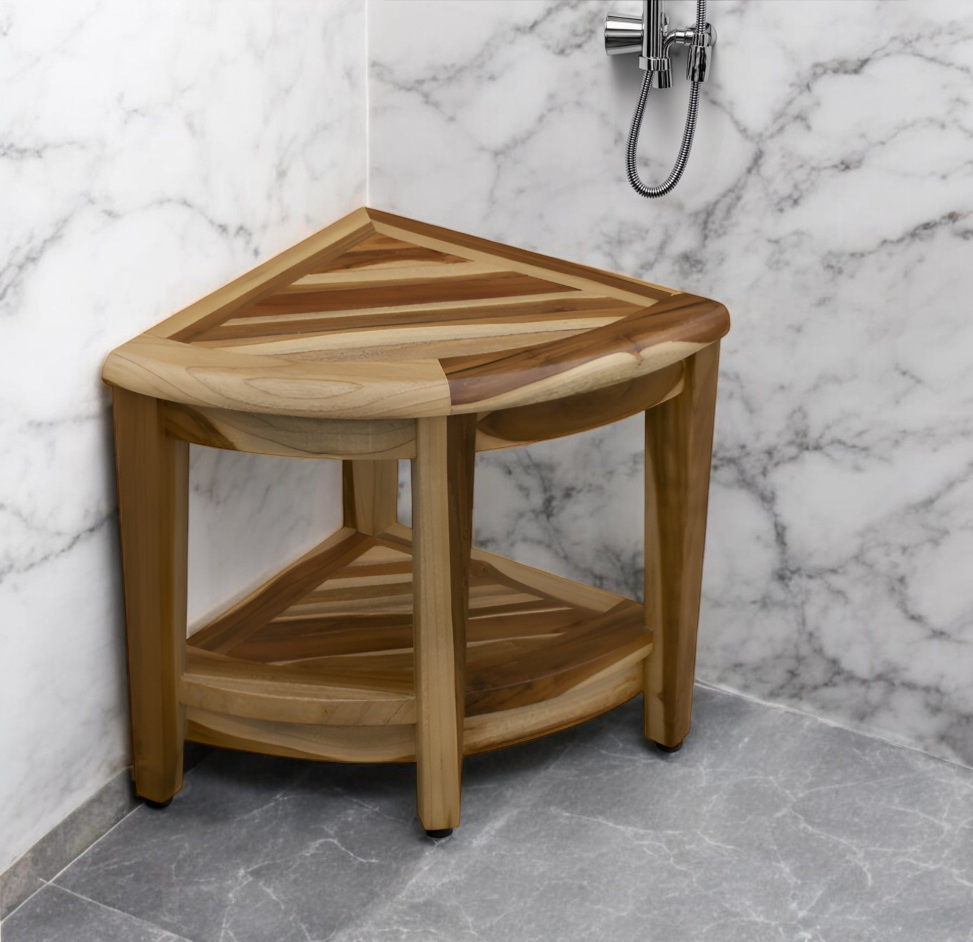 22" Natural Teak Corner Shower Bench With Shelf-0