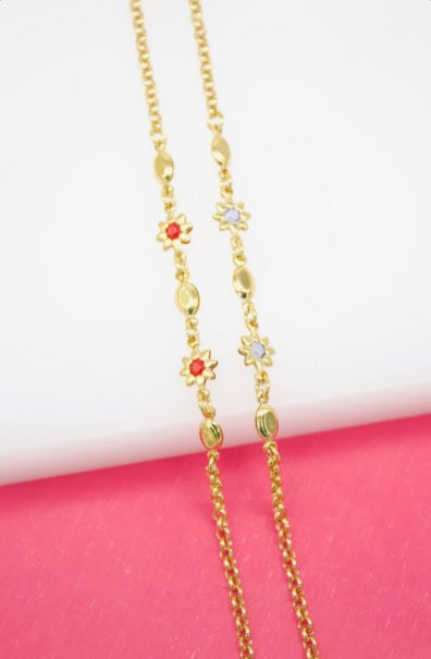 18K Gold Filled Dainty Flower Cz stone Rolo Bracelet-0