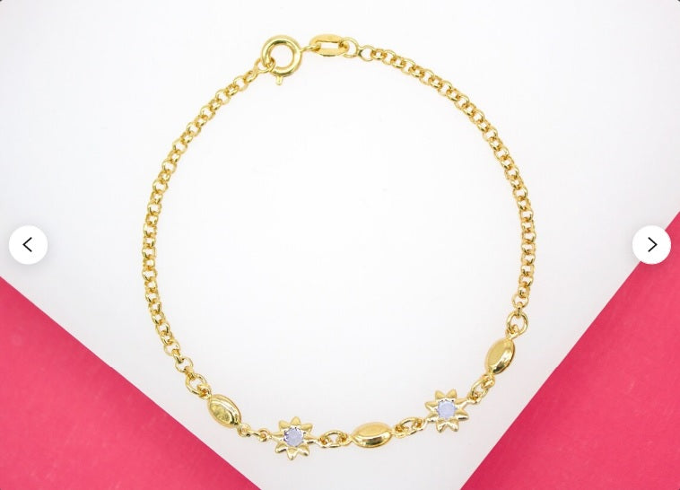18K Gold Filled Dainty Flower Cz stone Rolo Bracelet-2