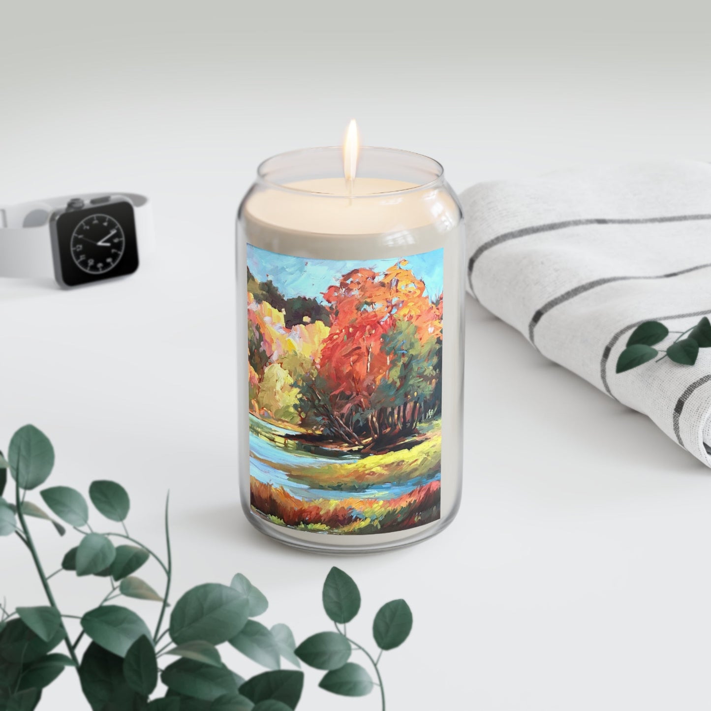 13.75oz Eco-Friendly Scented or Unscented Soy Wax Candle Jar with 'Autumn Fire' Artwork by American Artist Barbara Cleary (Fall Collection)-2