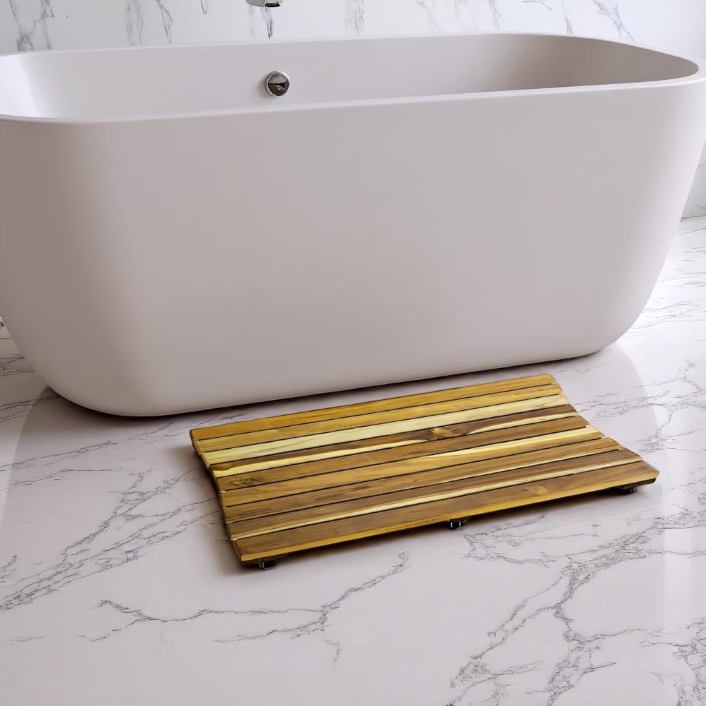 31" Brown Teak Slat Non Slip Bath Mat-0