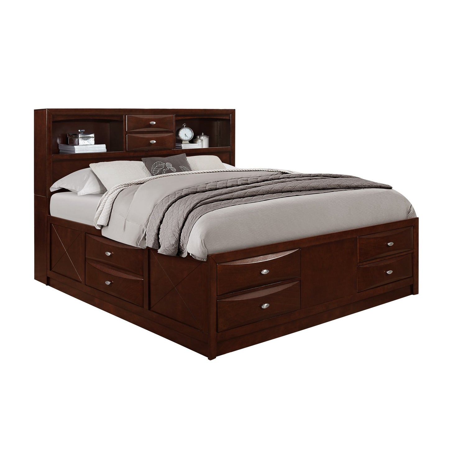 Merlot Solid Wood Queen Bed Frame With Eight Drawers-2