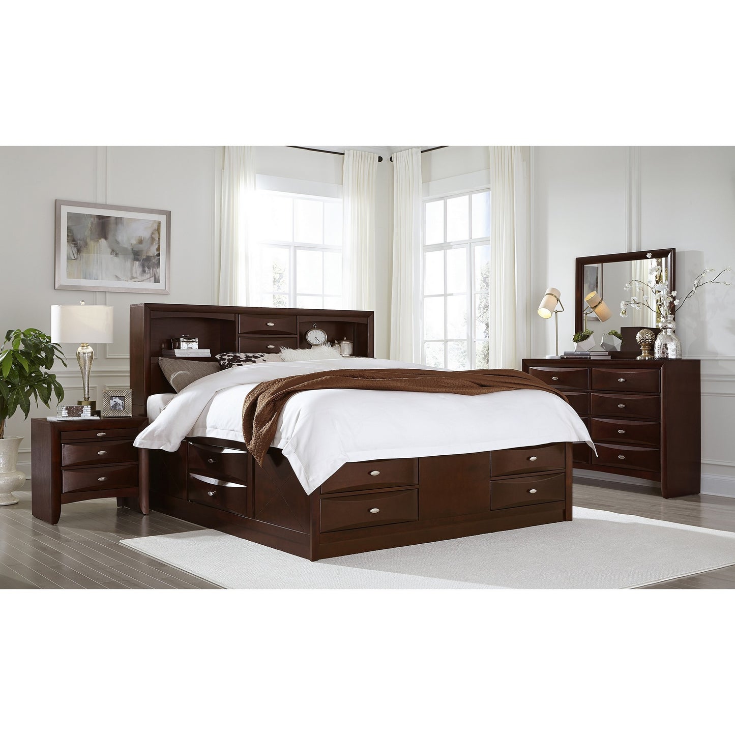 Merlot Solid Wood Queen Bed Frame With Eight Drawers-5