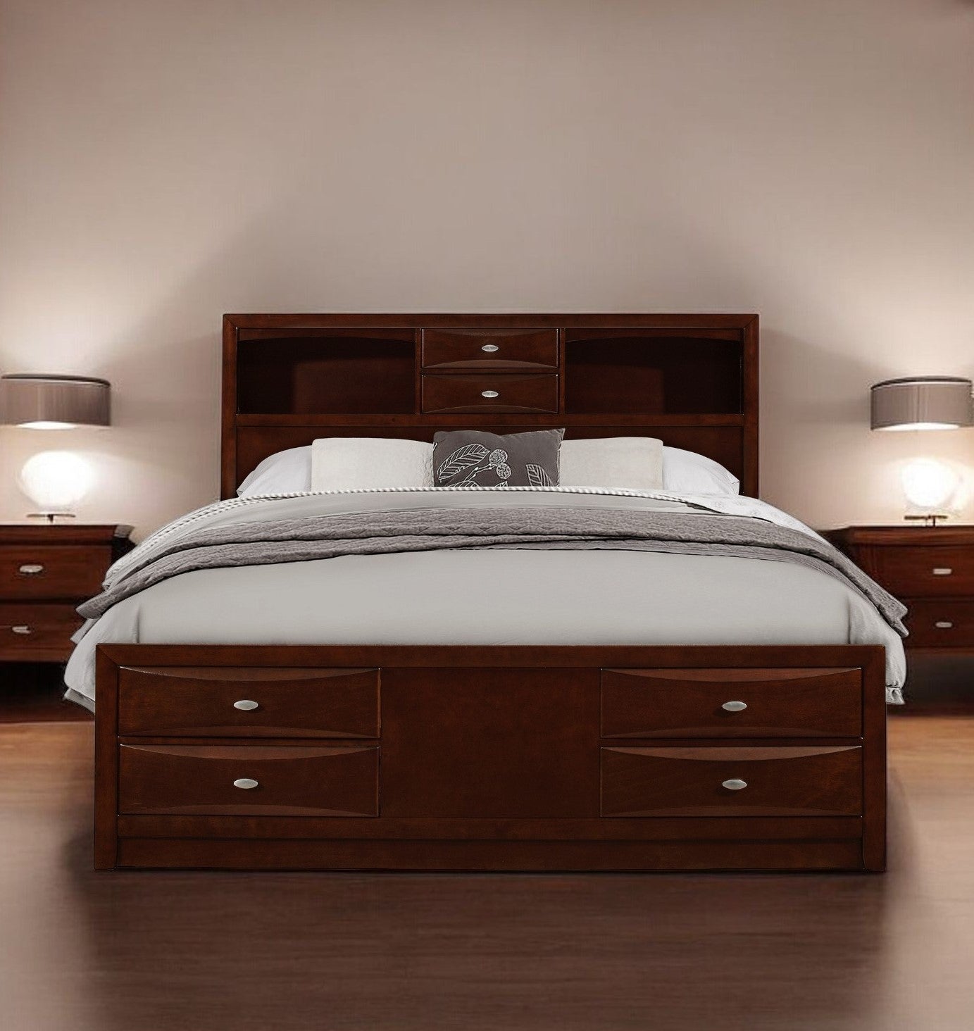 Merlot Solid Wood Queen Bed Frame With Eight Drawers-1