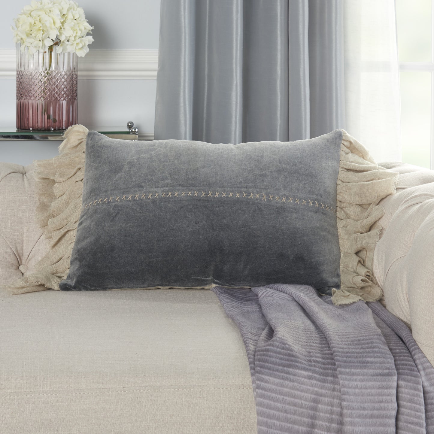 14" X 22" Steel Blue Pillow With Tassels Edges-6