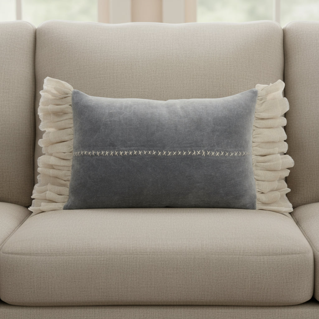 14" X 22" Steel Blue Pillow With Tassels Edges-0