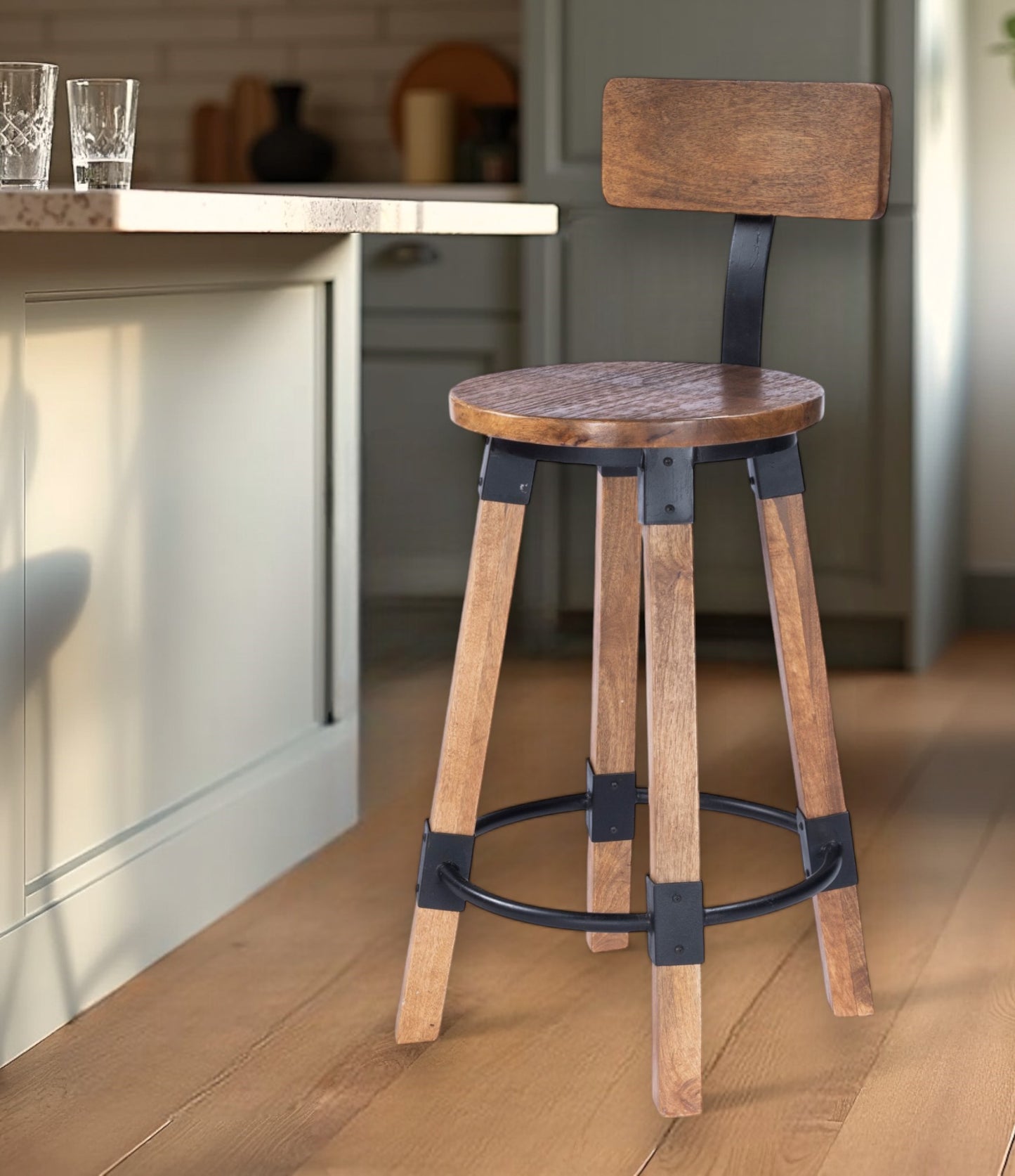 28" Brown and Natural Solid Wood and Iron Bar Chair-0