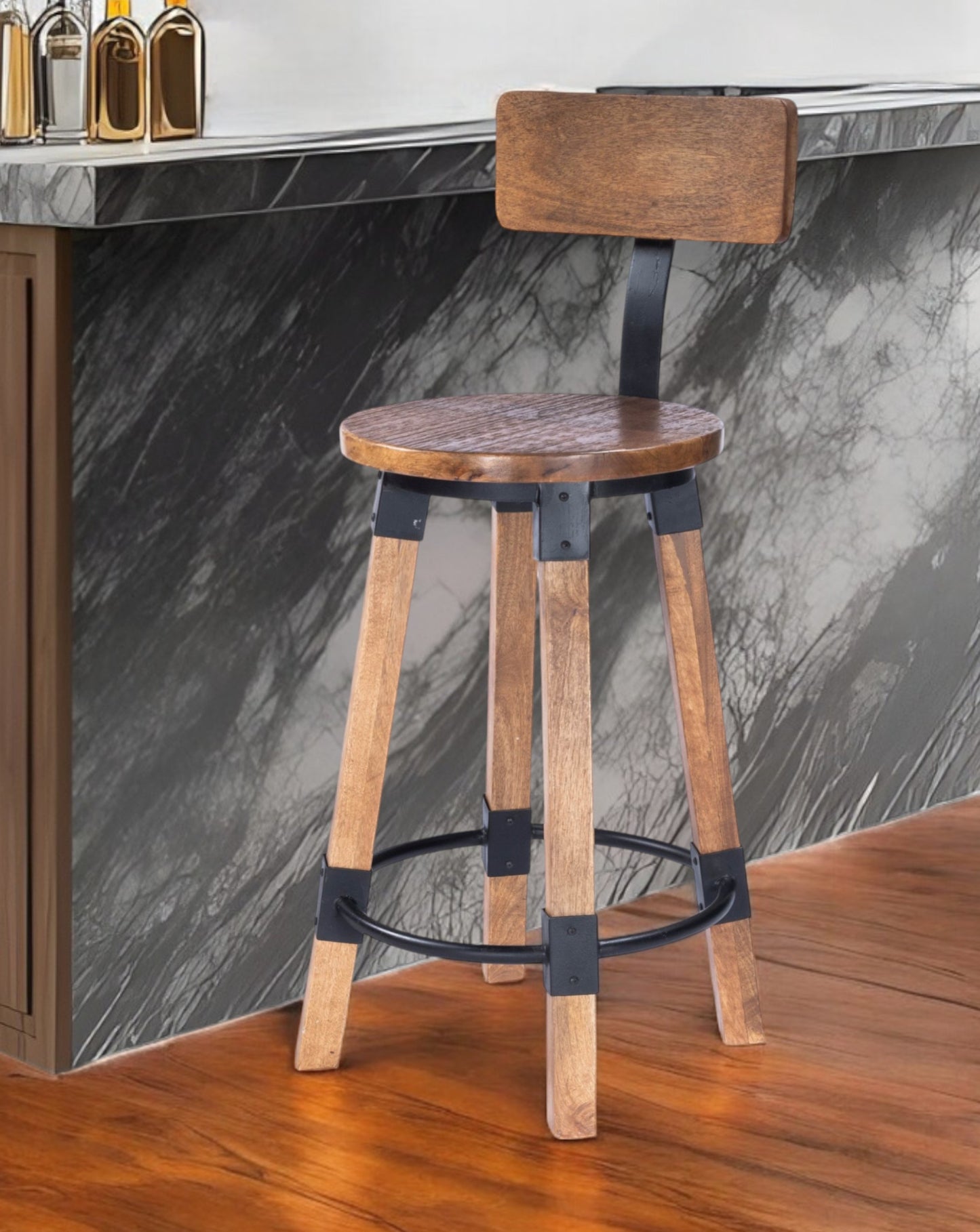 28" Brown and Natural Solid Wood and Iron Bar Chair-1