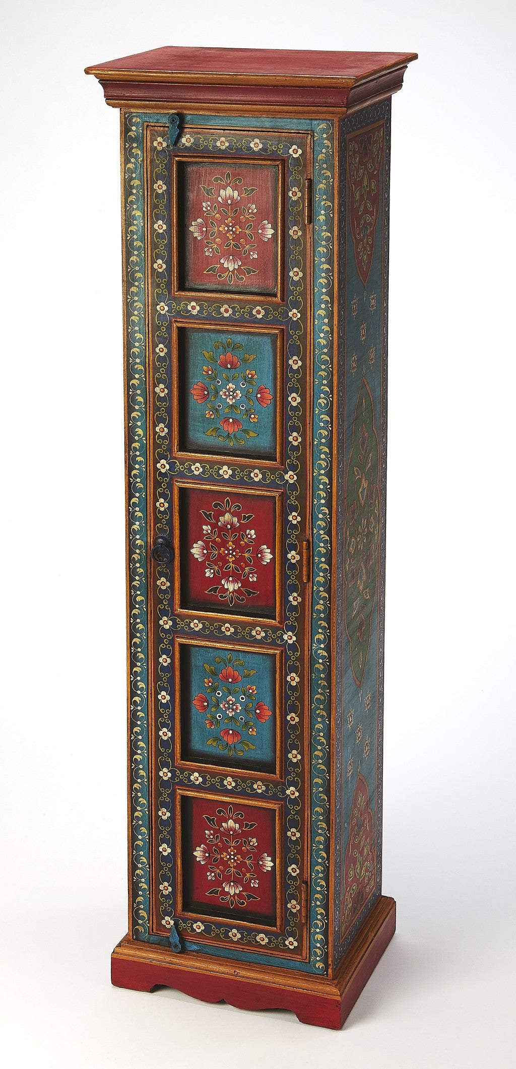 60" Red Blue and Gold Hand Painted Accent Cabinet-5