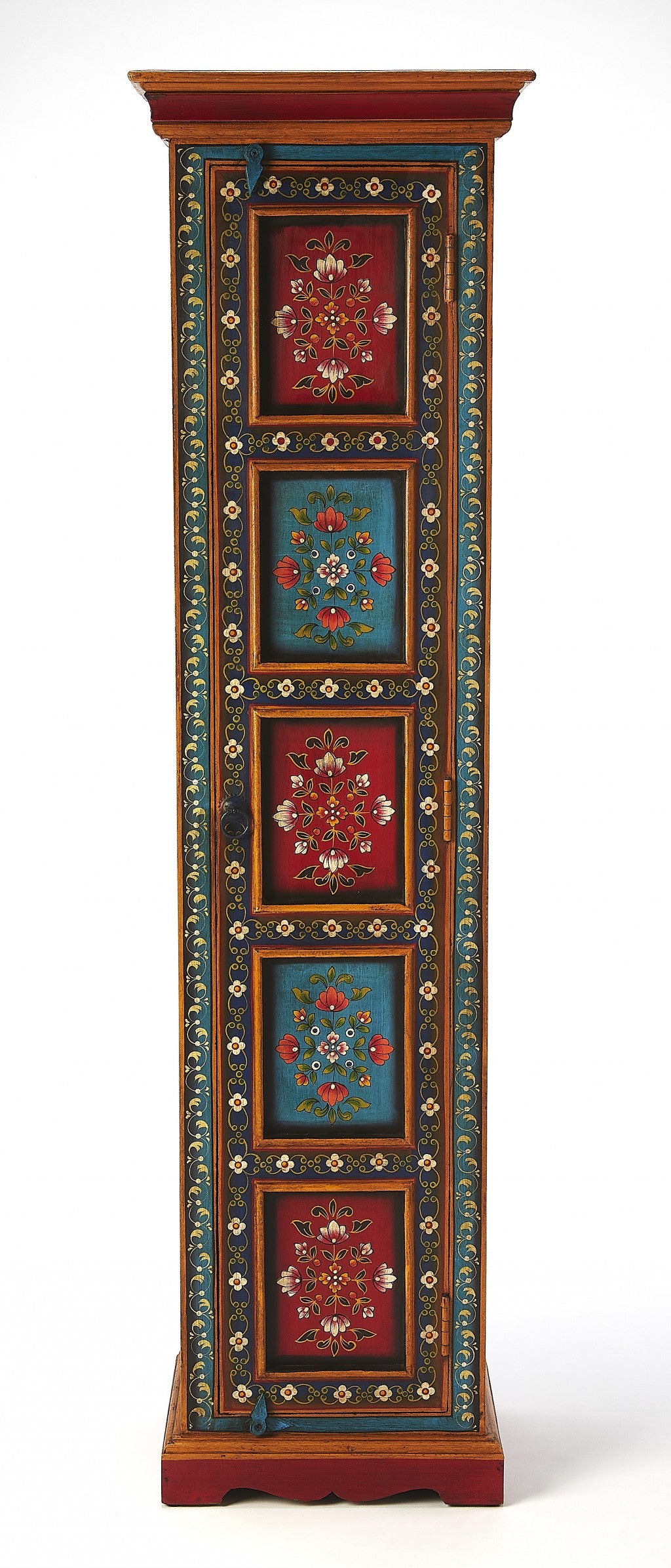 60" Red Blue and Gold Hand Painted Accent Cabinet-3
