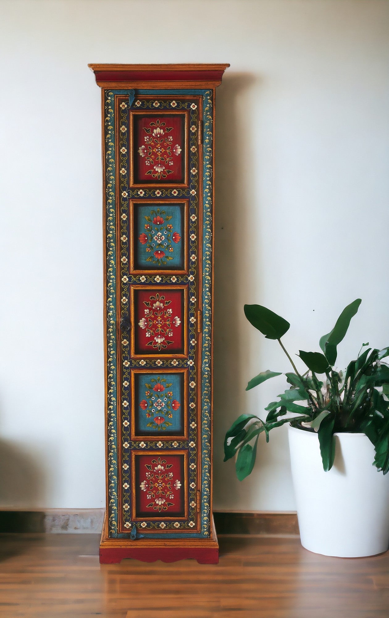 60" Red Blue and Gold Hand Painted Accent Cabinet-1