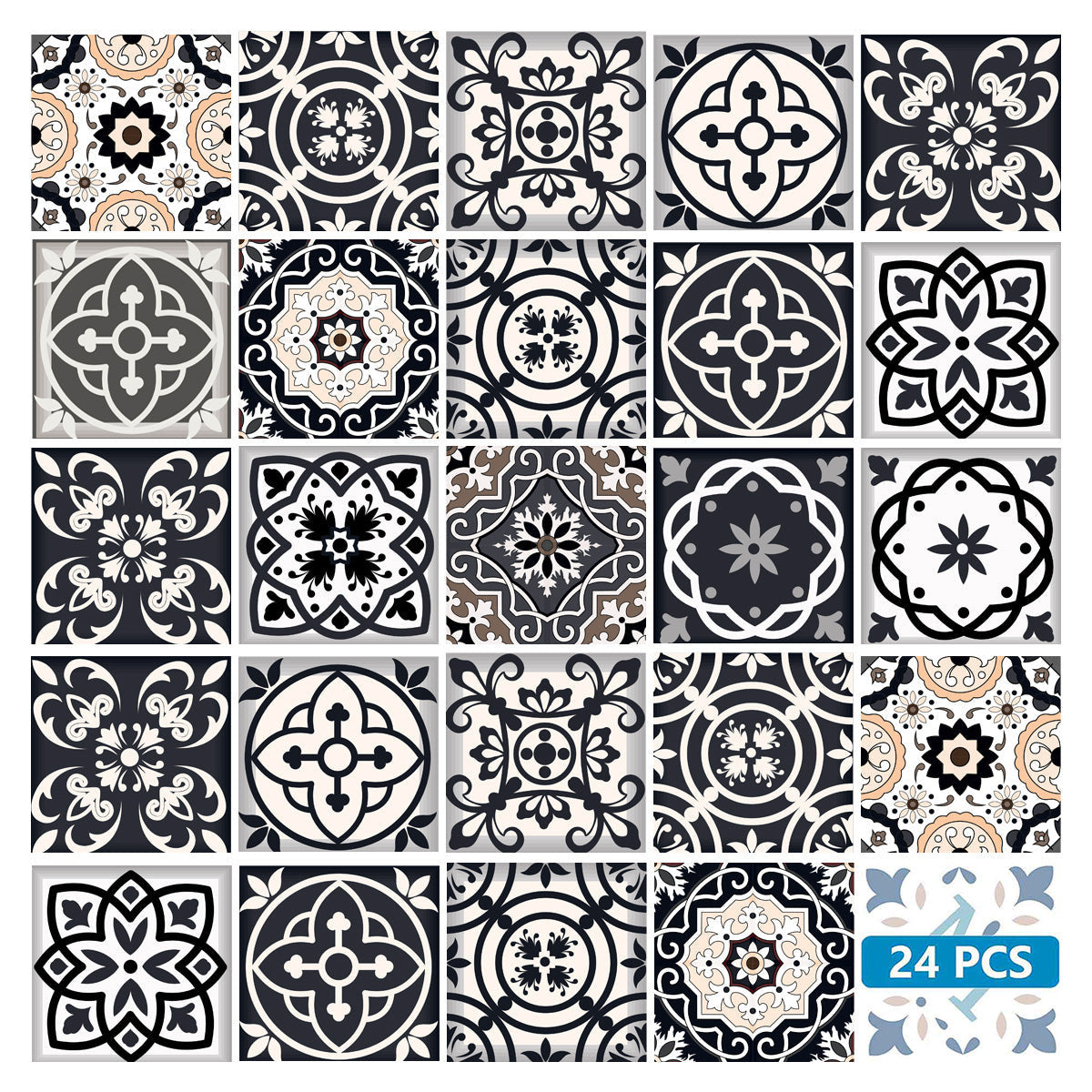 5" X 5" Black White And Tan Peel And Stick Removable Tiles-1