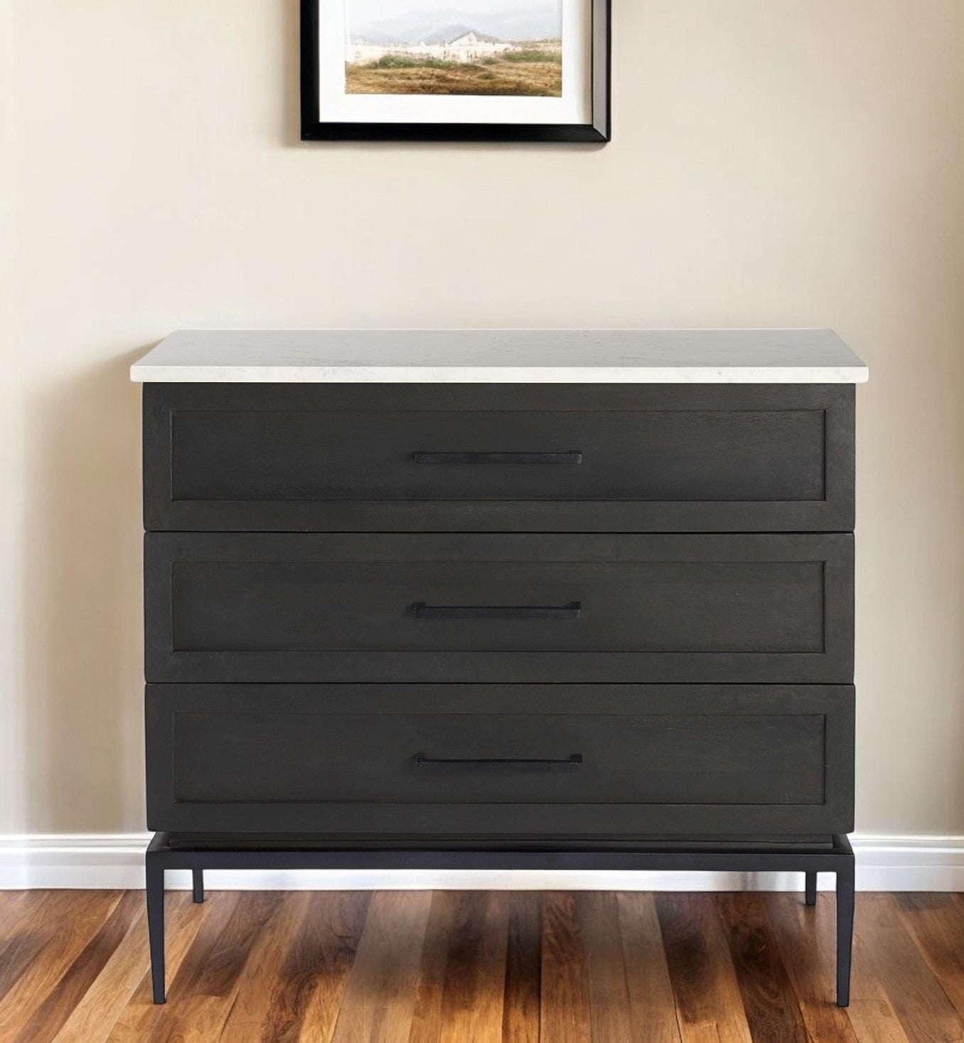 36" Black And White Solid Wood And Marble Three Drawer Dresser-1