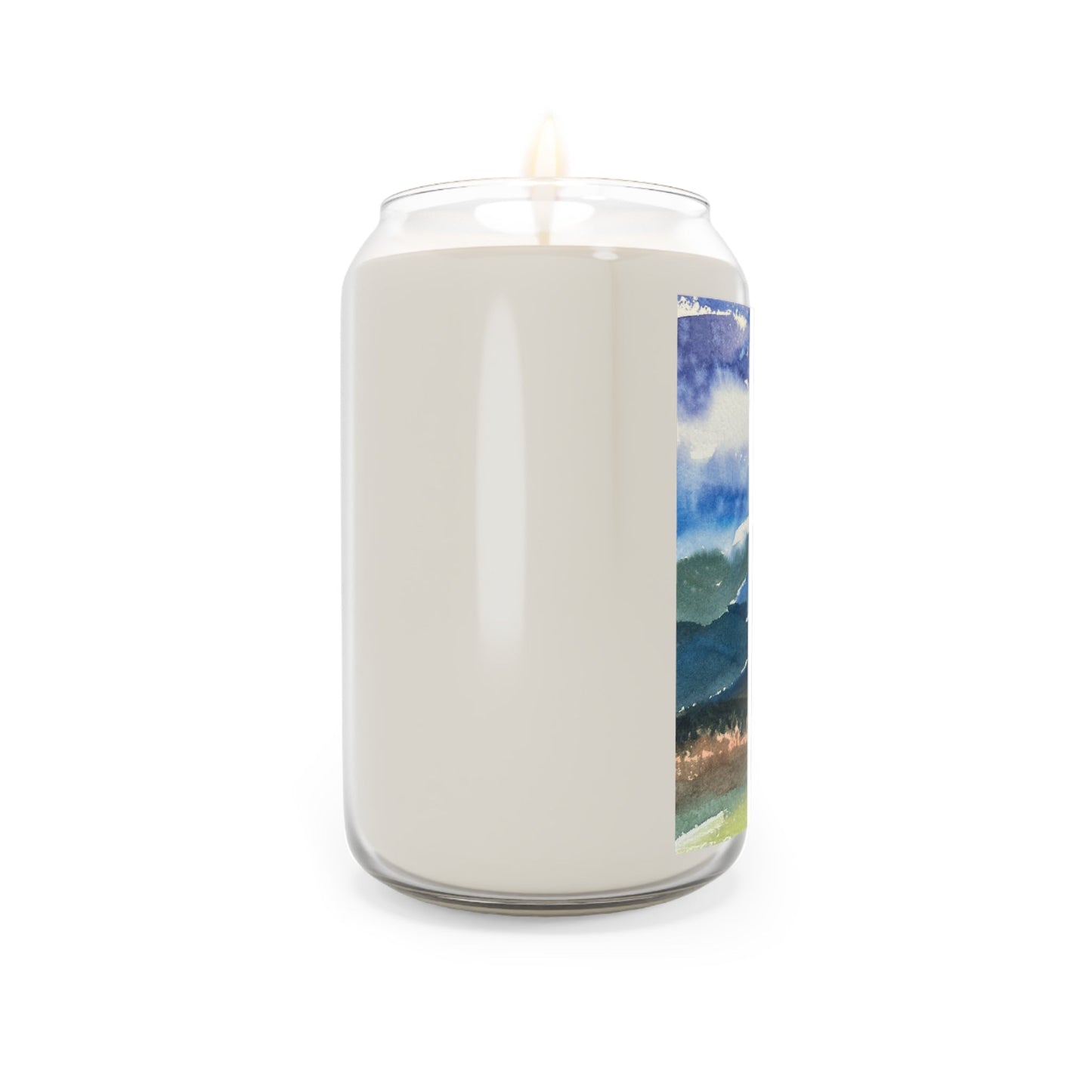 13.75oz Eco-Friendly Scented or Unscented Soy Wax Candle Jar with 'Tranquil Mountain View 3' Landscape Watercolor Artwork by American Artist Barbara Cleary-4