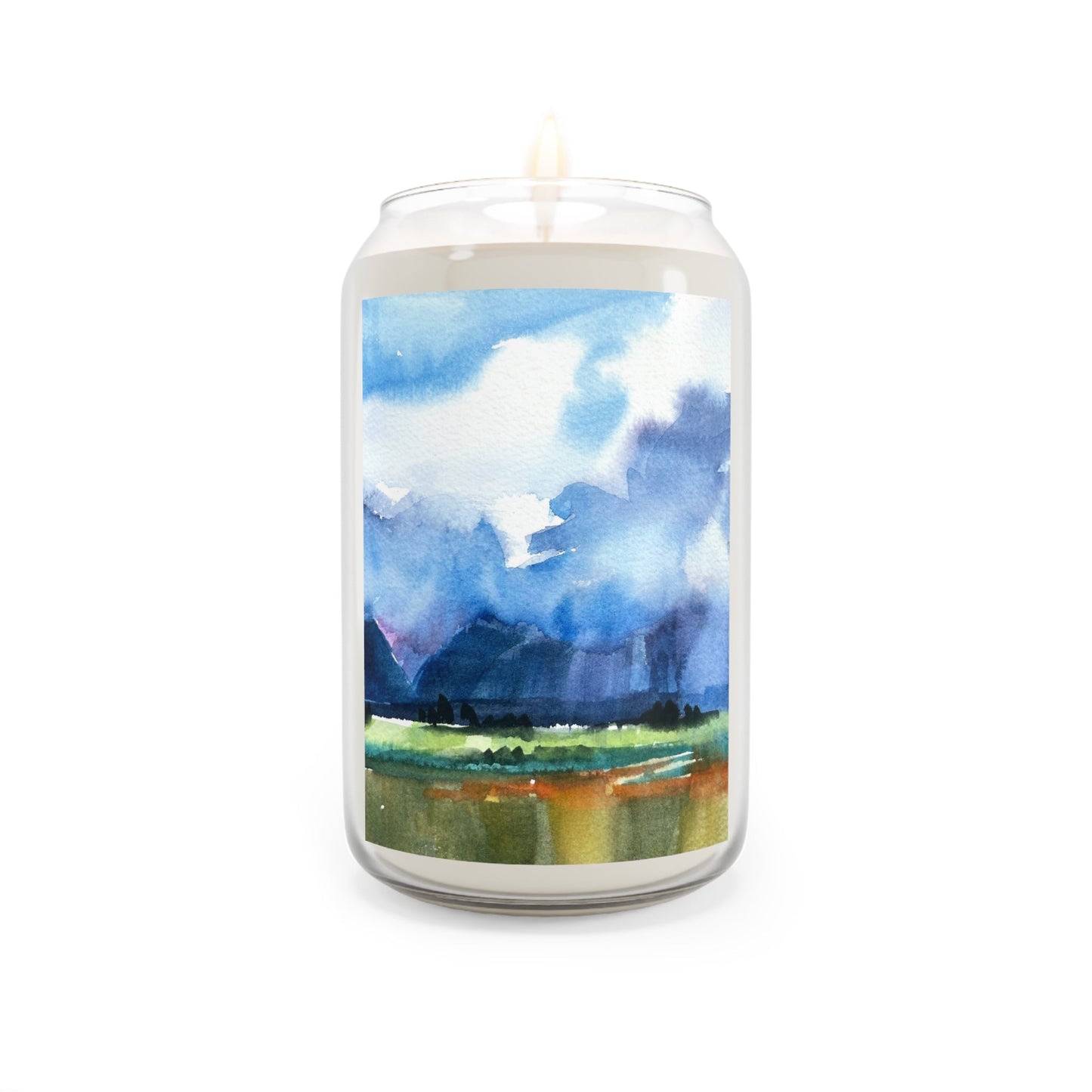 13.75oz Eco-Friendly Scented or Unscented Soy Wax Candle Jar with 'Tranquil Mountain View 4' Landscape Watercolor Artwork by American Artist Barbara Cleary-0