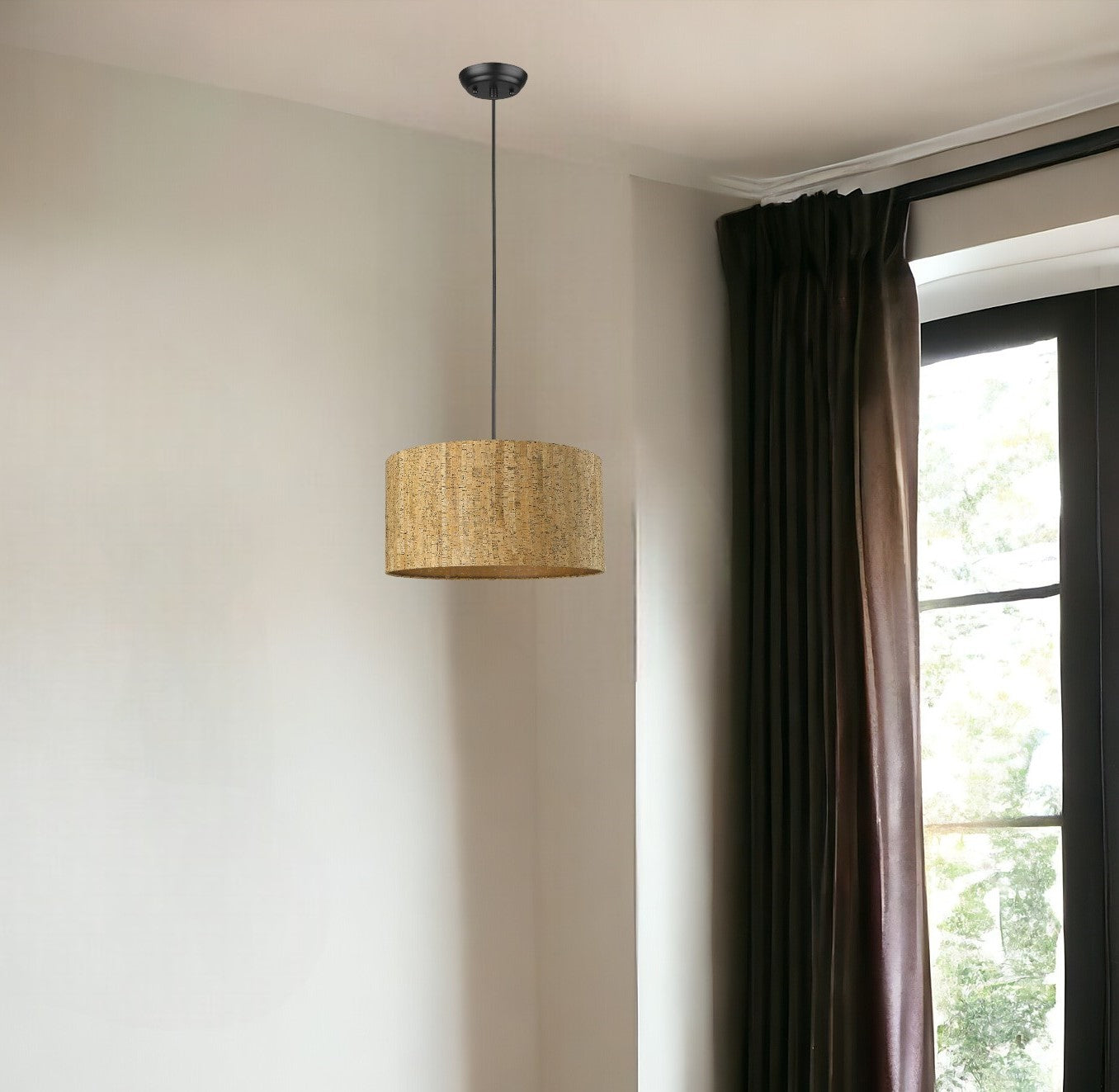 Matte Black Cork Shade Modern One Light Hanging Pendent Lamp-1