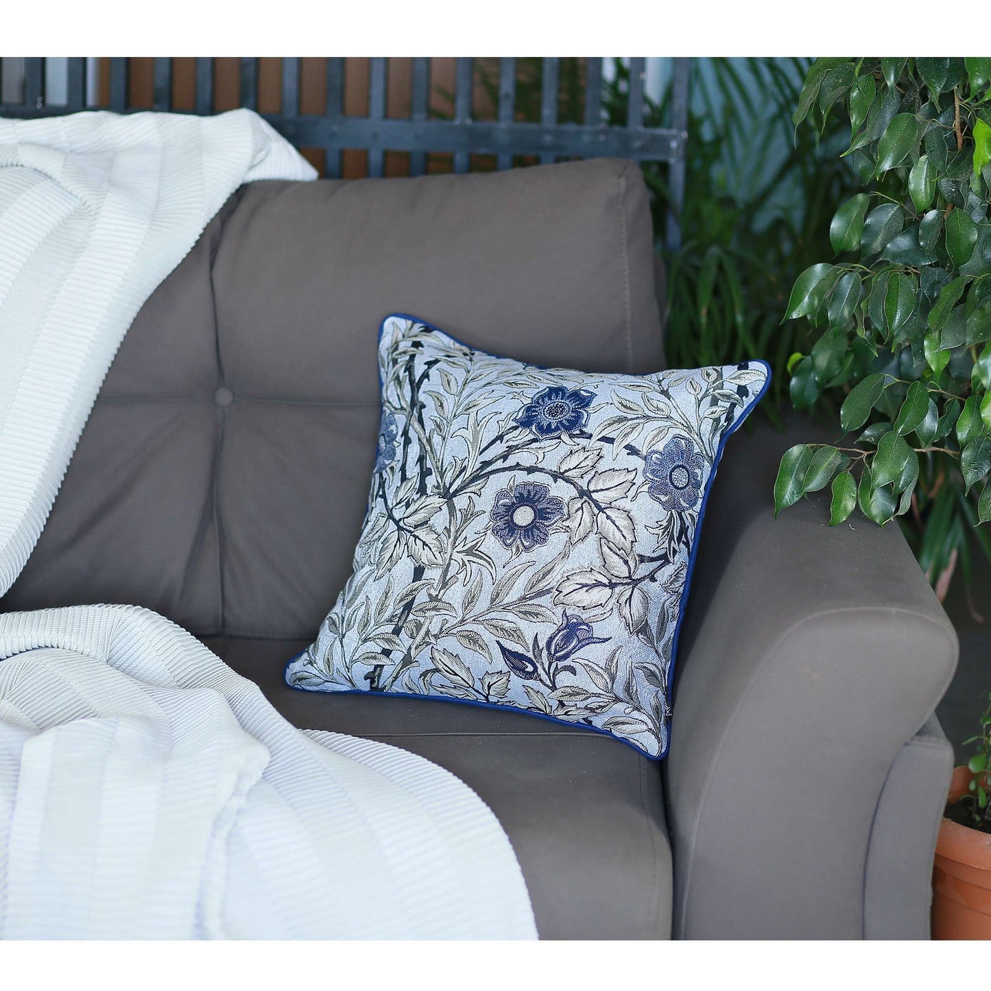 18" Ivory Blue And Gray Floral Fabric Throw Pillow-3