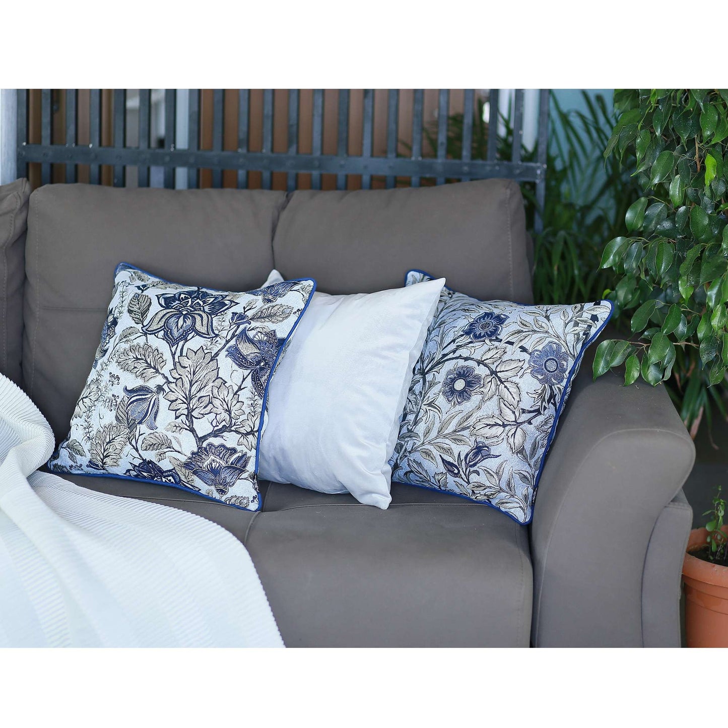 18" Ivory Blue And Gray Floral Fabric Throw Pillow-4