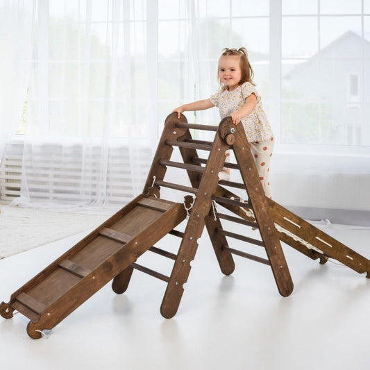 3in1 Montessori Climbing Set: Triangle Ladder + Slide Board + Net – Chocolate-0
