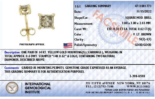 14K Yellow Gold 5/8 Cttw Princess Natural Brown Color Diamond 4-Prong Stud Earrings (Brown Color, SI2-I1 Clarity)-3