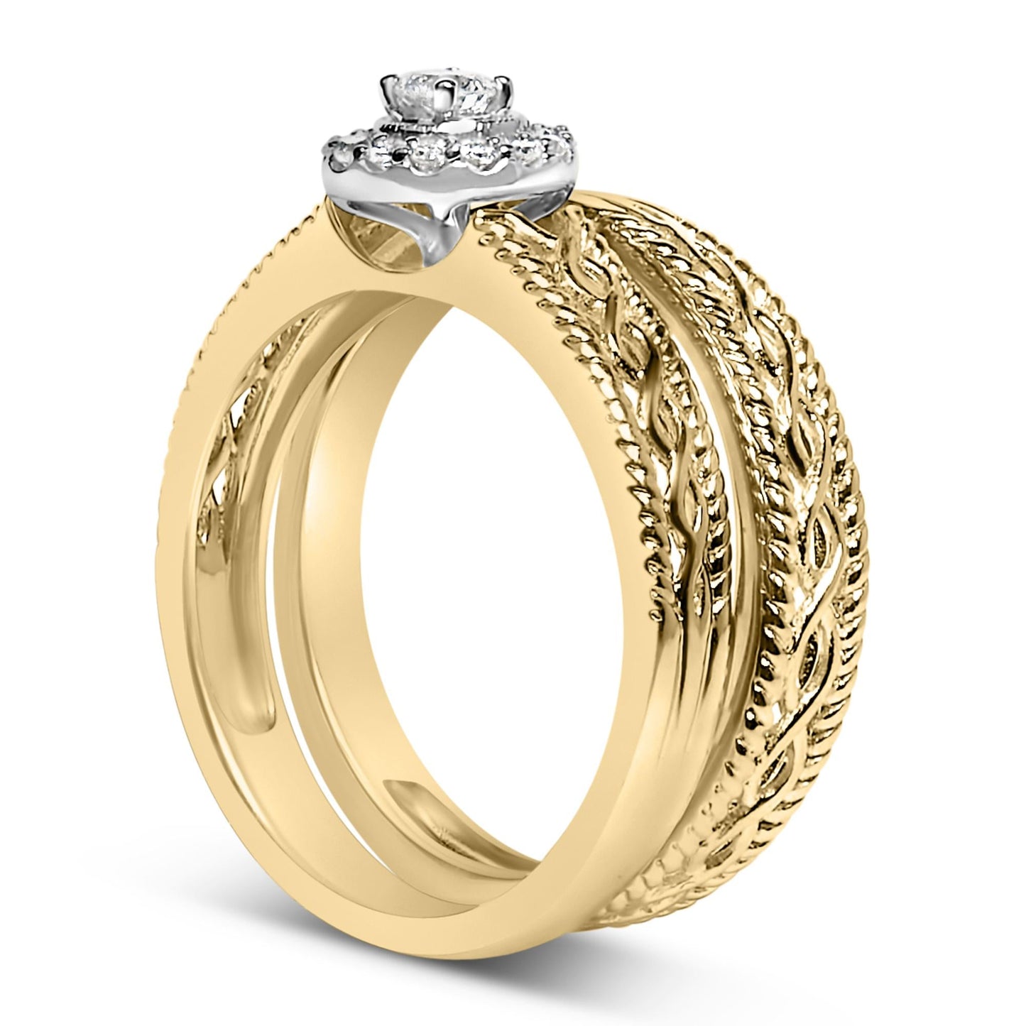 14K Yellow Gold Plated .925 Sterling Silver 1/5 Cttw Diamond Halo Engagement Ring and Wedding Band Set (I-J Color, I3 Clarity)-3