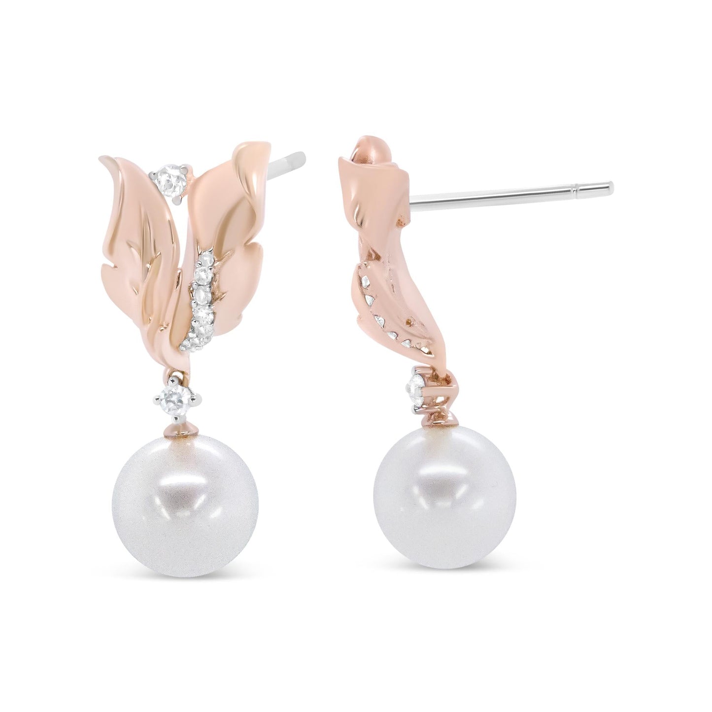 14K Rose Gold 1/6 Cttw Round Diamond and 8mm Round Pearl Floral Drop Stud Earrings (H-I Color, I1-I2 Clarity)-3