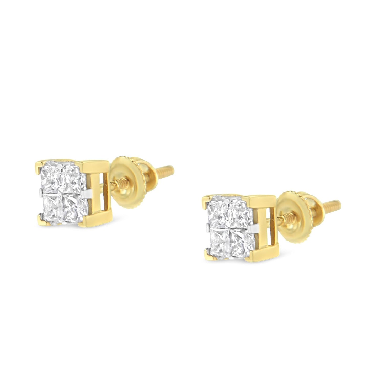 10K Yellow Gold 3/4 Cttw Invisible Set Princess-Cut Diamond Composite Square Stud Earrings (I-J Color, I2-I3 Clarity)-3