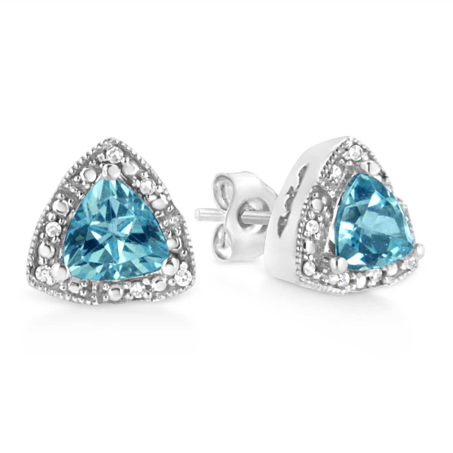 .925 Sterling Silver 6x6 mm Trillion Cut Blue Topaz Gemstone and Diamond Accent Stud Earring (I-J Color, I1-I2 Clarity)-3