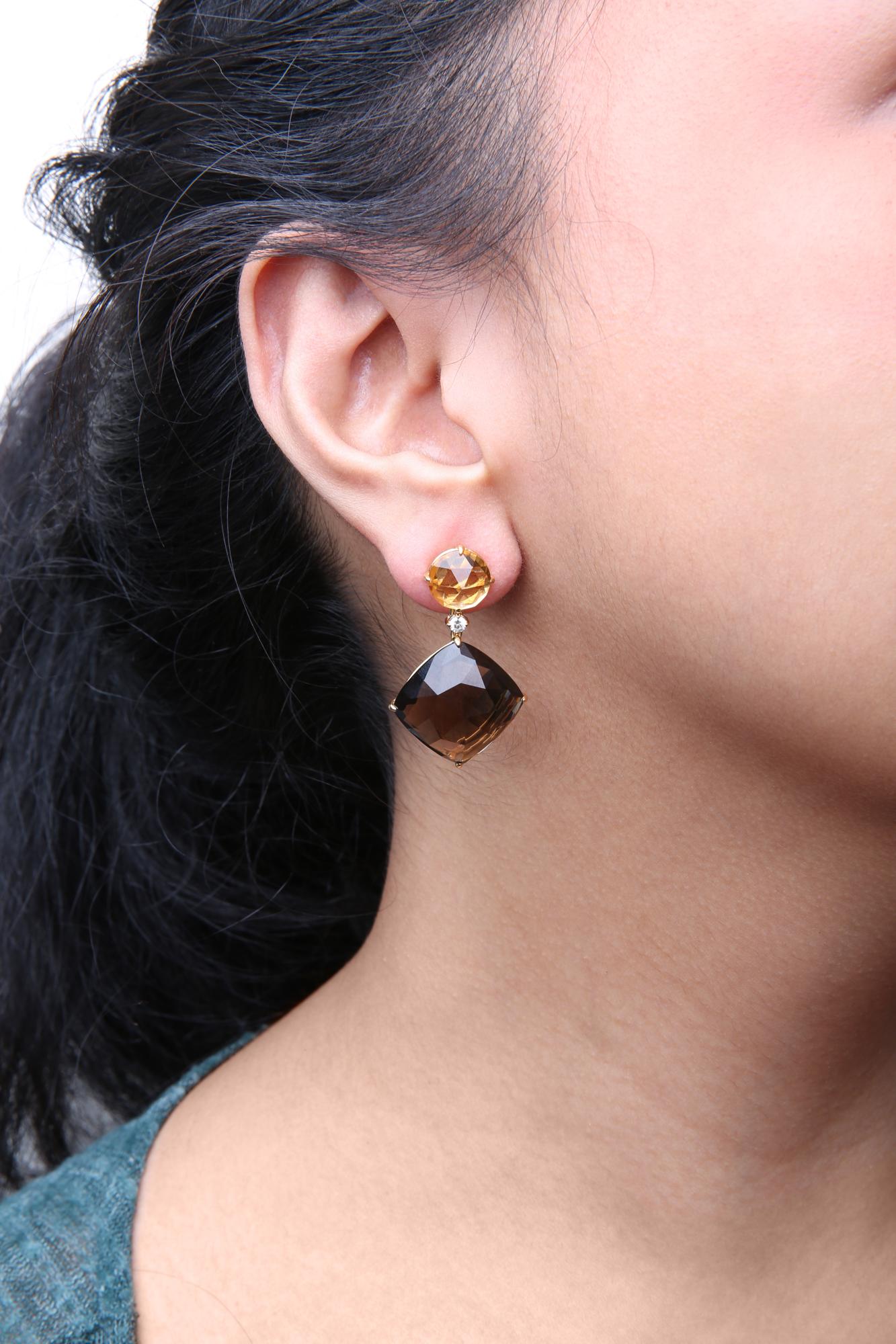 18K Yellow Gold 1/5 Cttw Diamond with Round Yellow Citrine and 25mm Cushion Cut Smoky Quartz Gemstone Dangle Earring (G-H Color, SI1-SI2 Clarity)-3