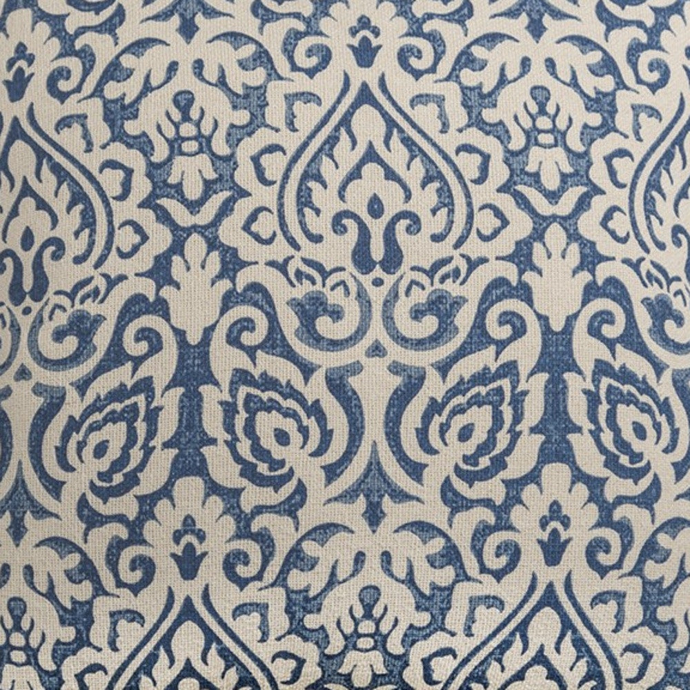 22" Blue And Natural Damask Cotton Throw Pillow-2