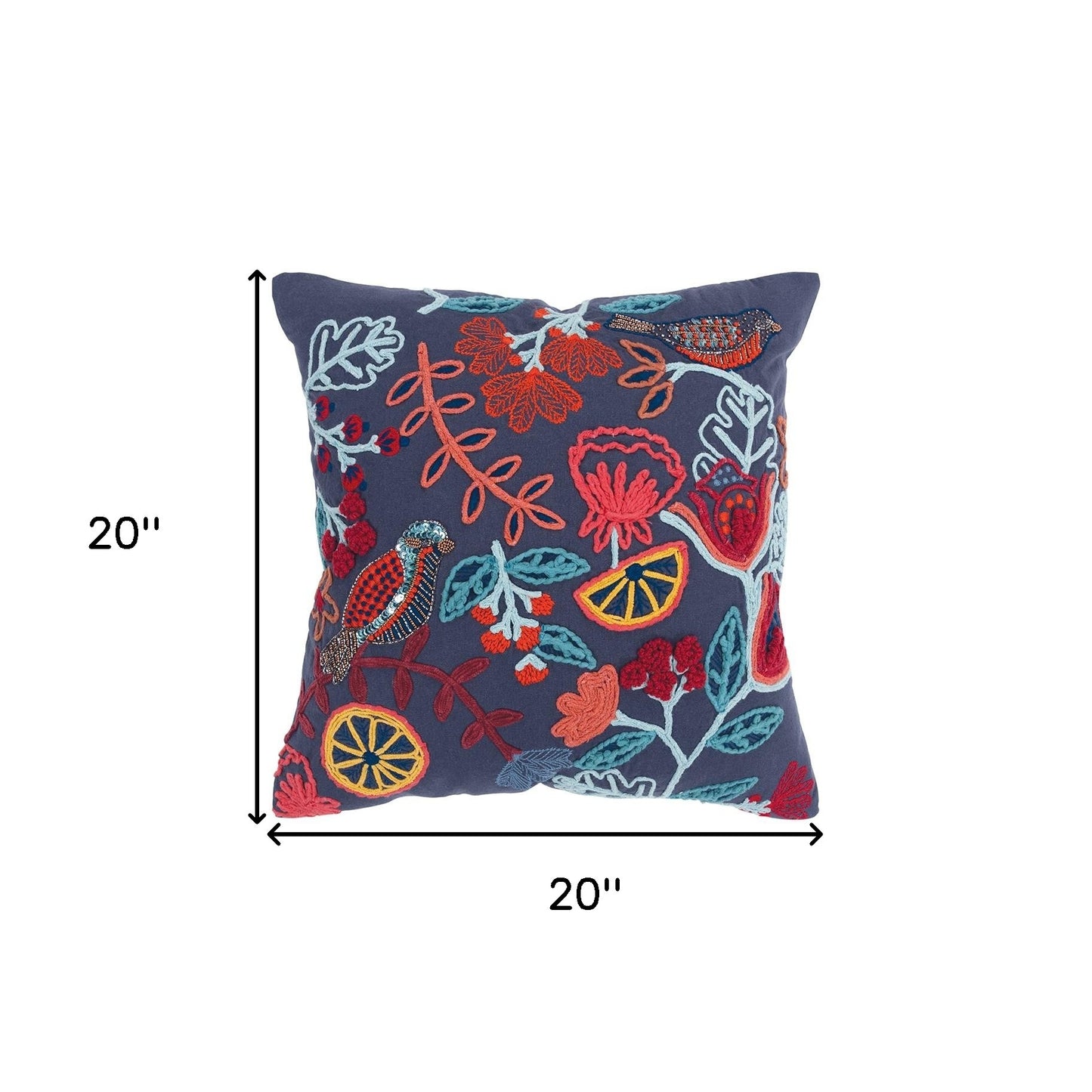 Dark Blue Jacobean Bloom Embroidered Throw Pillow-4