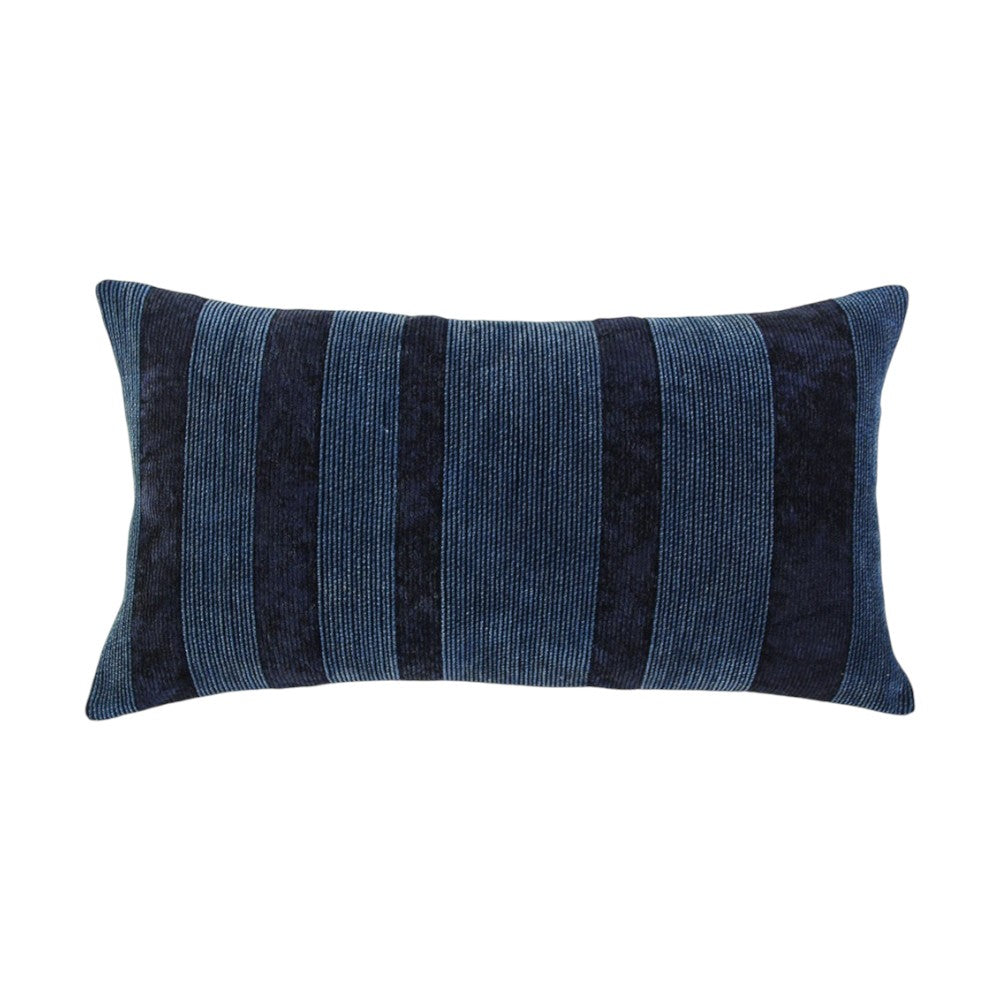 14" X 26" Navy Blue Lumbar Striped Cotton Throw Pillow-1