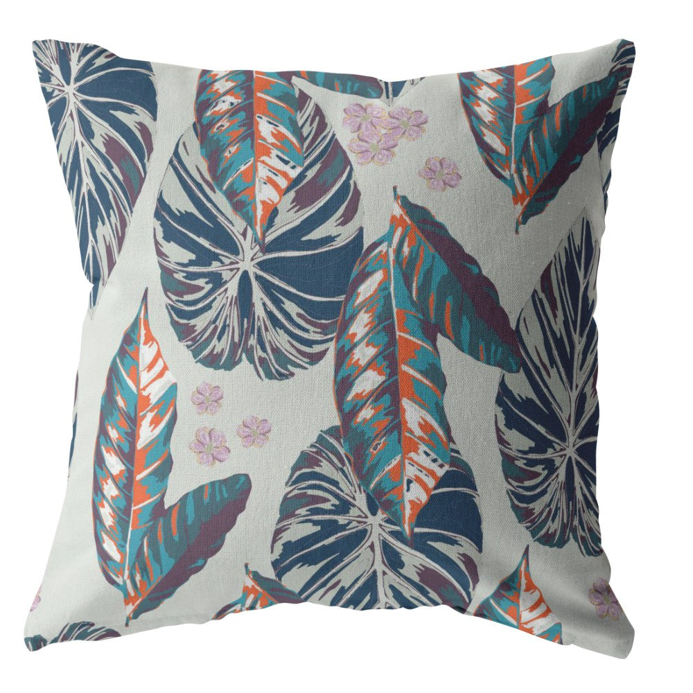 16” Blue Gray Tropical Leaf Zippered Suede Throw Pillow-2