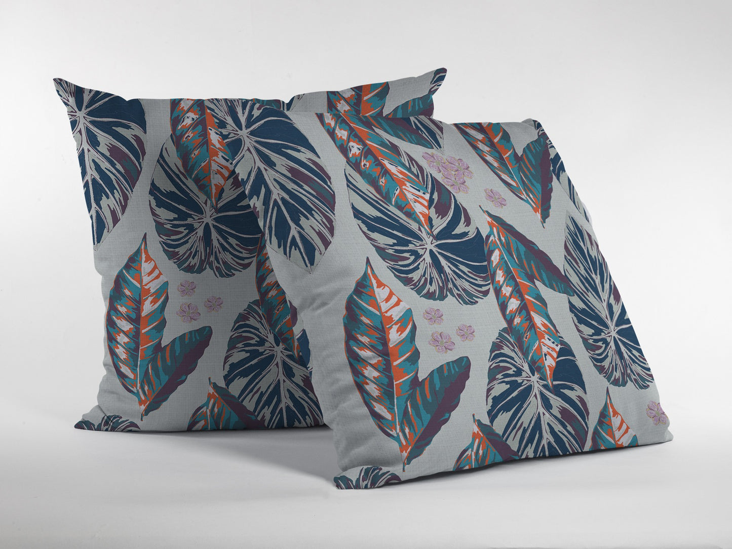 16” Blue Gray Tropical Leaf Zippered Suede Throw Pillow-3
