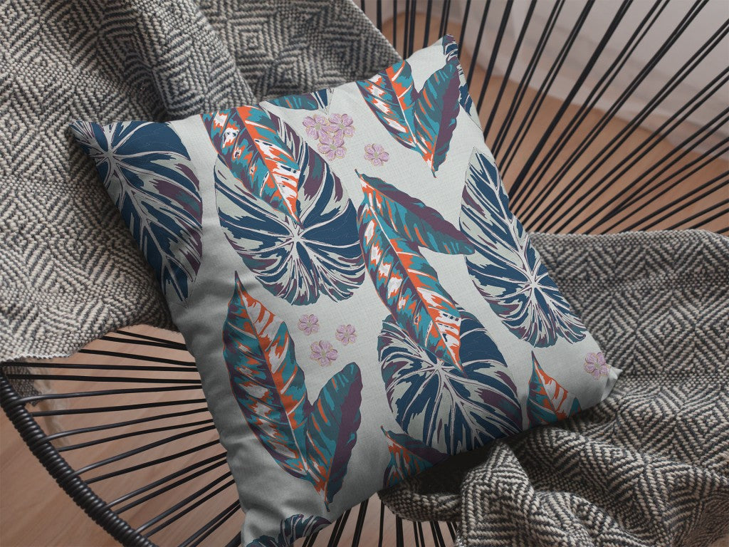 16” Blue Gray Tropical Leaf Zippered Suede Throw Pillow-4